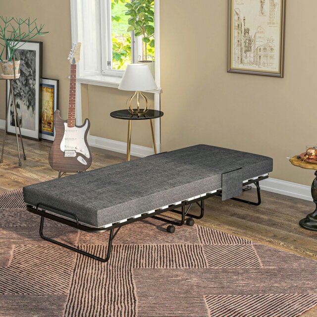 Rackhams Folding Bed with Mattress Foldable Guest Bed on Wheels w/ Cover Dark Grey - image 1
