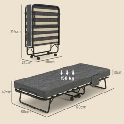 Rackhams Folding Bed with Mattress Foldable Guest Bed on Wheels w/ Cover Dark Grey - thumbnail 5