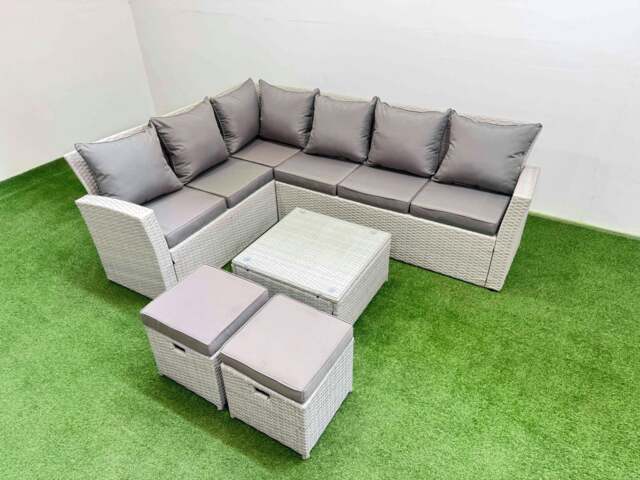 Rackhams Outdoor Rattan Garden Furniture Set 8 Seater Corner Sofa Sets with Square Coffee Table 2 Small Footstools Light Grey Mixed - image 1