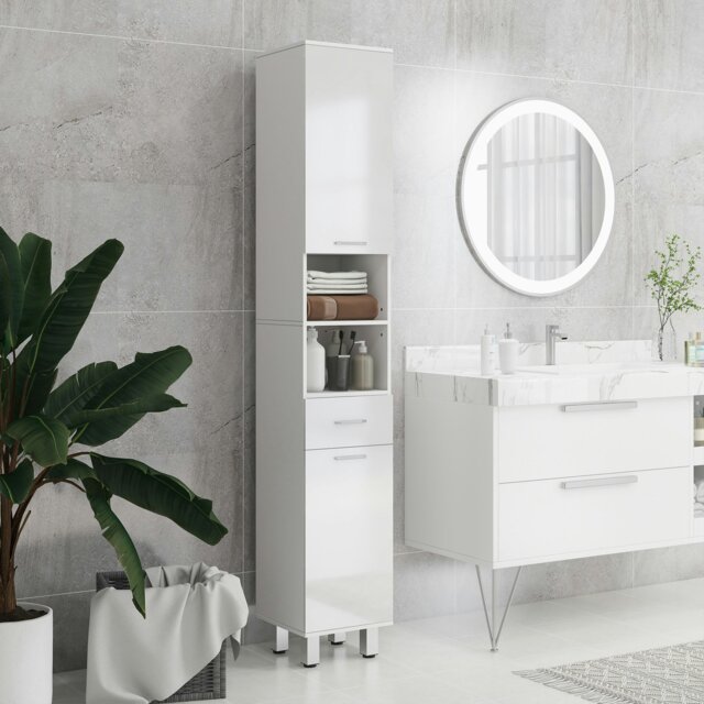 Rackhams Tall Narrow Bathroom Storage Cabinet Cupboard w/ Cabinets, White - White - image 1