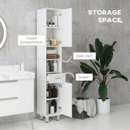 Rackhams Tall Narrow Bathroom Storage Cabinet Cupboard w/ Cabinets, White - White - thumbnail 3