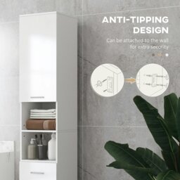 Rackhams Tall Narrow Bathroom Storage Cabinet Cupboard w/ Cabinets, White - White - thumbnail 4