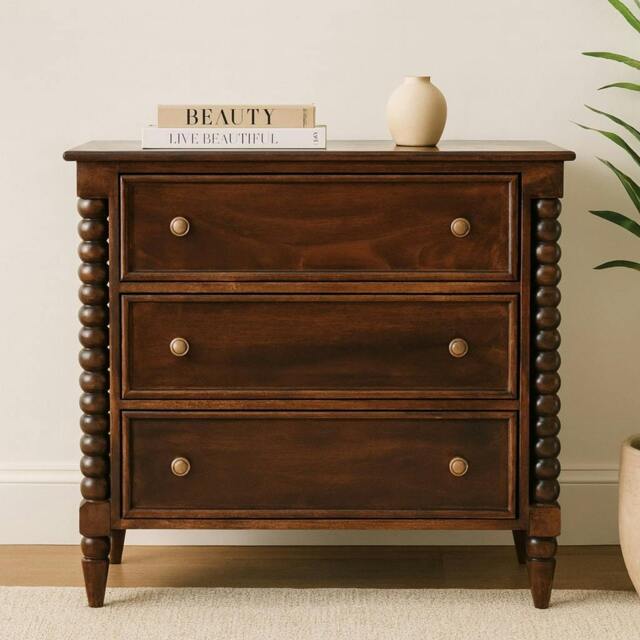 Rackhams Solid Wood Spindle Winewood Chest, Brown,3 Drawers - image 1