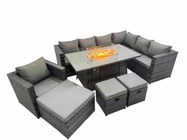 Rackhams Garden Rattan Furniture Set 10 Seater Outdoor Corner Sofa Chair Gas Fire Pit Dining Table Set with 3 Stool Dark Grey - image 1