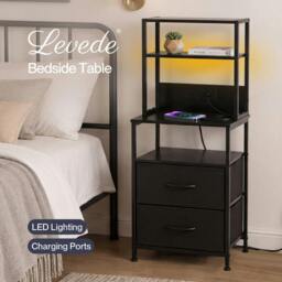 Rackhams Bedside Table with Charging Station LED Light 2 Drawers Storage Black - thumbnail 2