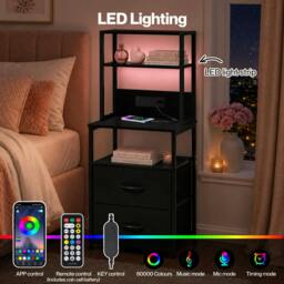 Rackhams Bedside Table with Charging Station LED Light 2 Drawers Storage Black - thumbnail 5