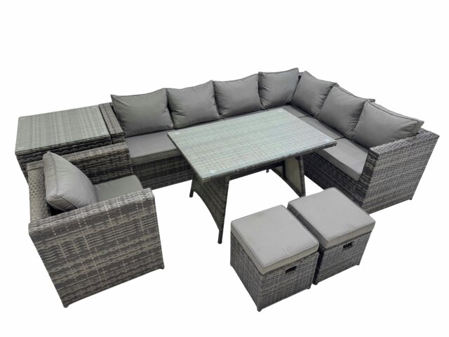 Rackhams Rattan garden furniture Patio Furniture Sets with Dining Table Side Table 2 Small Stools Dark Grey Mixed - image 1