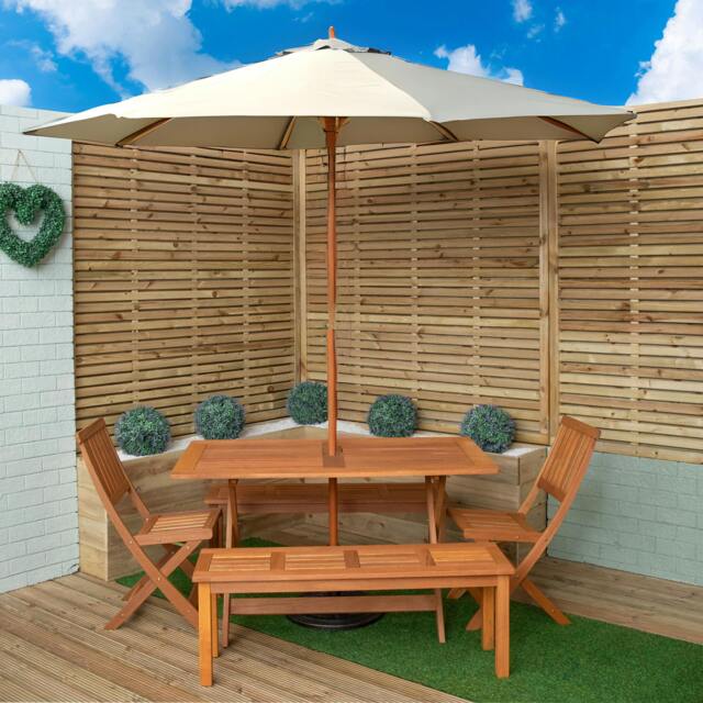 Rackhams Outdoor 6 Person Rectangular Wooden Garden Dining Table, 2 Benches, Chairs with Cream Parasol and Base Set - Outdoor Furniture Sets - image 1