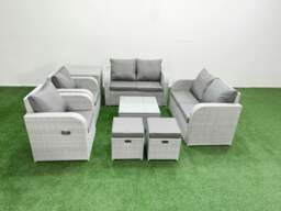 Rackhams 8 Seater Outdoor Reclining Chair Love Sofa Set Rattan Garden Furniture Set with Square Coffee Table 2 Stools Side Table Light Grey - thumbnail 1