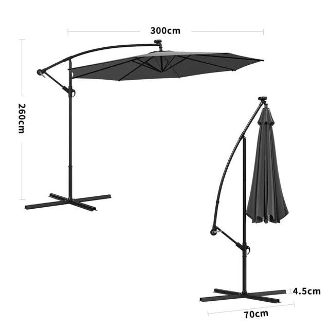 Rackhams 3M Cantilever Garden Parasols Dark Grey Iron Banana Umbrella with LED Lights - Cross base - image 1