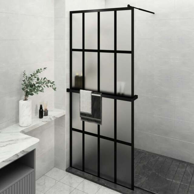 Rackhams Walk-in Shower Wall with Shelf Black 90x195 cm ESG Glass&Aluminium - image 1