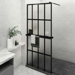 Rackhams Walk-in Shower Wall with Shelf Black 90x195 cm ESG Glass&Aluminium - thumbnail 1