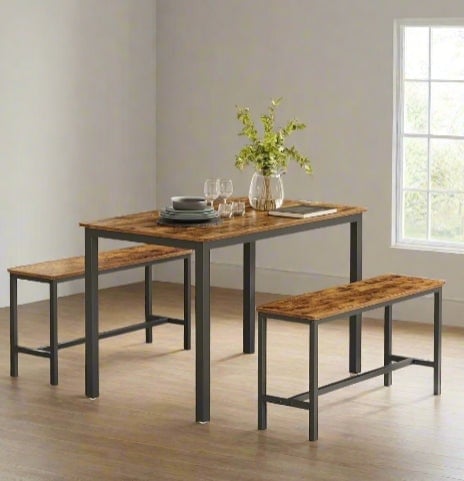 Rackhams 3-Piece Dining Table Set with 2 Benches – Industrial Style Space-Saving Design for 4 People - image 1