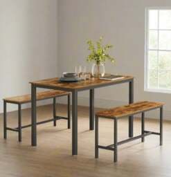 Rackhams 3-Piece Dining Table Set with 2 Benches – Industrial Style Space-Saving Design for 4 People