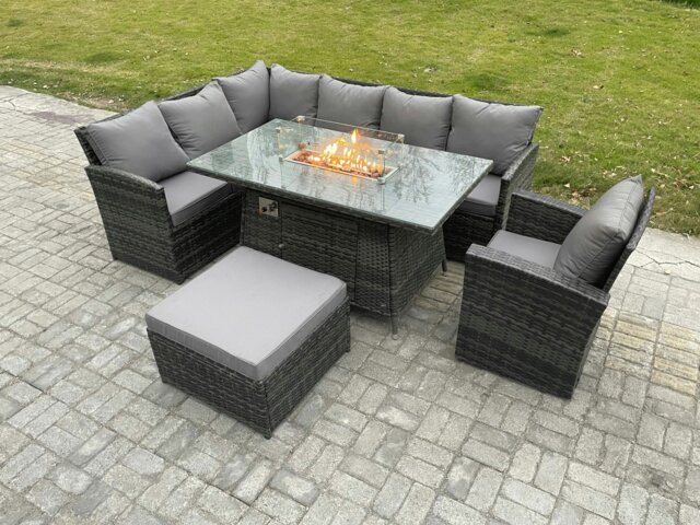 Rackhams Rattan Garden Furniture High Back Corner Sofa Gas Fire Pit Dining Table Sets Gas Heater with Armchair Big Footstool 8 Seater Dark Grey Mixed - image 1