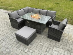 Rackhams Rattan Garden Furniture High Back Corner Sofa Gas Fire Pit Dining Table Sets Gas Heater with Armchair Big Footstool 8 Seater Dark Grey Mixed - thumbnail 1