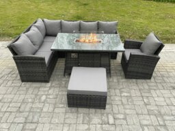 Rackhams Rattan Garden Furniture High Back Corner Sofa Gas Fire Pit Dining Table Sets Gas Heater with Armchair Big Footstool 8 Seater Dark Grey Mixed - thumbnail 2