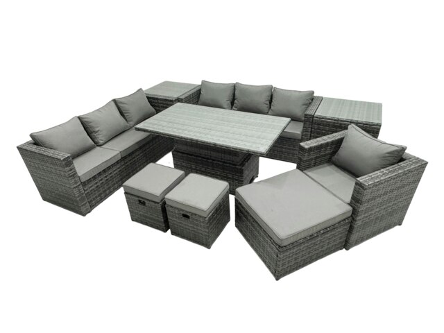 Rackhams PE Rattan Garden Furniture Set Lounge Sofa Rising Dining Table Set with 2 Side Tables 3 Footstool Dark Grey Mixed - image 1