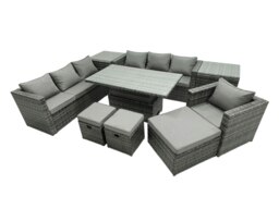 Rackhams PE Rattan Garden Furniture Set Lounge Sofa Rising Dining Table Set with 2 Side Tables 3 Footstool Dark Grey Mixed - thumbnail 1