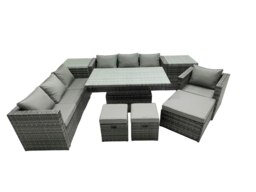 Rackhams PE Rattan Garden Furniture Set Lounge Sofa Rising Dining Table Set with 2 Side Tables 3 Footstool Dark Grey Mixed - thumbnail 2