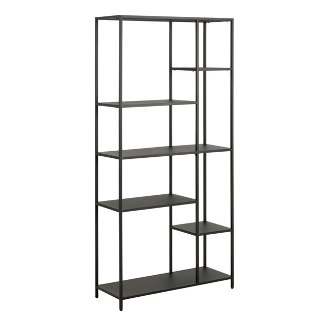Rackhams Newcastle Asymmetrical Bookcase with 6 Shelves in Matt Black - 1 - Black and Natural - Metal - image 1