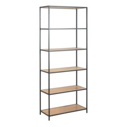 Rackhams Seaford Tall Black Metal Bookcase with 5 Shelves in Oak - 1 - Black and Natural - Wood