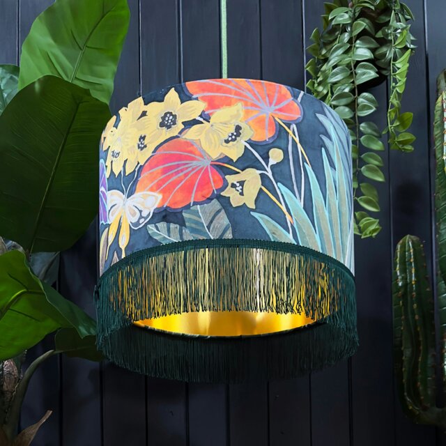 "Rackhams Swallowtail Velvet Lampshade With Gold Lining and Fringing - Table / Floor Lamp - 40cm Diameter x 25cm Height (16"" x 10"")" - image 1