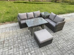Rackhams High Back PE Rattan Sofa Set Outdoor Garden Furniture Dining Table Set Love Sofa 3 Seater Sofa Big Footstool Side Table - thumbnail 2