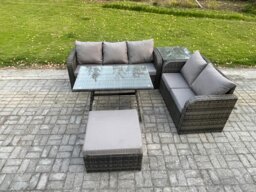 Rackhams High Back PE Rattan Sofa Set Outdoor Garden Furniture Dining Table Set Love Sofa 3 Seater Sofa Big Footstool Side Table - thumbnail 1