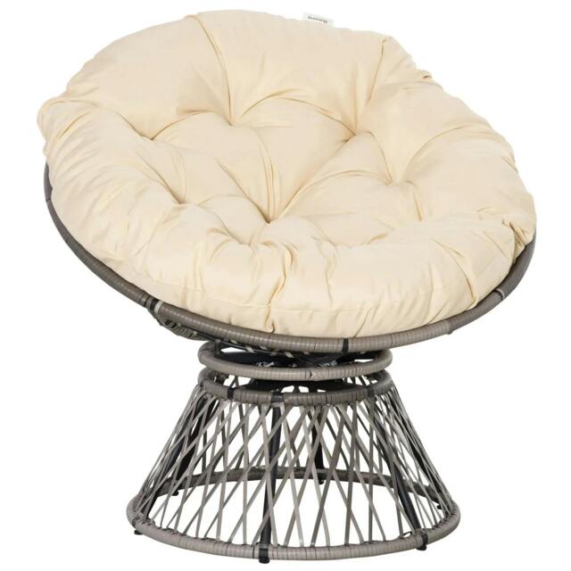 Rackhams 360° Swivel Rattan Moon Bowl Chair Round Lounge Garden Wicker Basket Seat with Padded Cushion Oversized for Outdoor Indoor, Beige