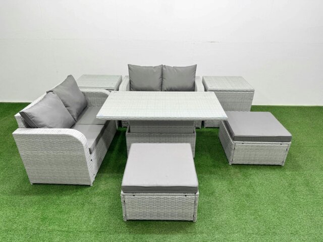 Rackhams 6 Seater Outdoor Love Sofa Set Rattan Garden Furniture Set with Adjustable Lifting Dining or Coffee Table 2 Footstool 2 Side Tables Light Grey - image 1