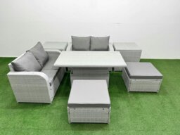 Rackhams 6 Seater Outdoor Love Sofa Set Rattan Garden Furniture Set with Adjustable Lifting Dining or Coffee Table 2 Footstool 2 Side Tables Light Grey - thumbnail 1