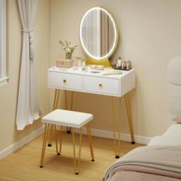 Rackhams Dressing Table Set With LED Mirror & Stool 2 Drawers Makeup Desk