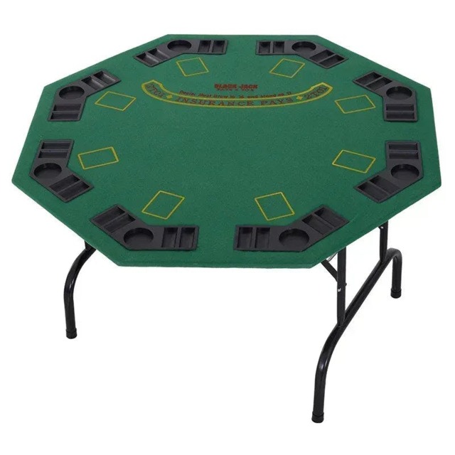 Rackhams 8 Player Folding Games Poker Table with Chip Cup Holder Steel Base Felt Top Octagon Blackjack Green - image 1