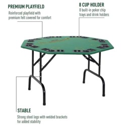 Rackhams 8 Player Folding Games Poker Table with Chip Cup Holder Steel Base Felt Top Octagon Blackjack Green - thumbnail 4