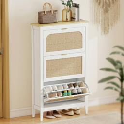 Rackhams Boho Slim Shoe Cabinet with Rattan Doors, Holds Pairs, White - 80 x 24 x 95.5 cm - thumbnail 6