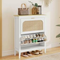 Rackhams Boho Slim Shoe Cabinet with Rattan Doors, Holds Pairs, White - 80 x 24 x 95.5 cm