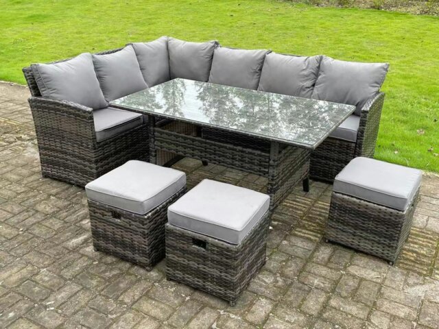 Rackhams Semi-Assembled 9 Seater Rattan Garden Furniture Corner Sofa Dining Sets Outdoor Patio With 3 Stools - image 1