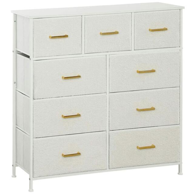 Rackhams Chest of Drawers with 9 Fabric Drawers, Boucle Storage Organiser with Steel Frame, Fabric Dresser for Bedroom, Living Room, Hallway, Cream White