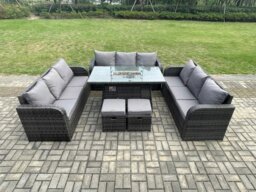 Rackhams Rattan Furniture Garden Dining Set Gas Fire Pit Table With Lounge Sofa 2 Small Footstools Dark Grey Mixed - thumbnail 1