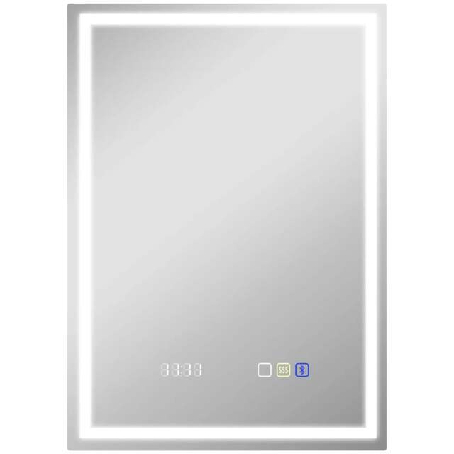 Rackhams 50 x 70 cm Anti-Fog LED Bathroom Mirror, with Bluetooth and Clock - Silver Tone