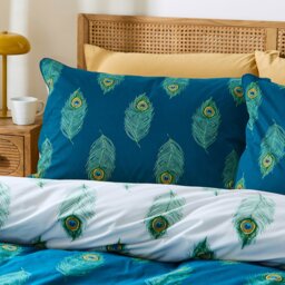 Rackhams Peacock Feather Cotton Reversible Duvet Cover Set Teal Green - Super King - Teal Green - thumbnail 3