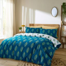 Rackhams Peacock Feather Cotton Reversible Duvet Cover Set Teal Green - Super King - Teal Green - thumbnail 1