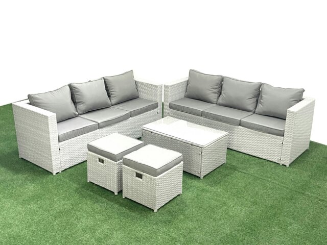 Rackhams Garden Outdoor PE Rattan Furniture Set 8 Seater Rattan Garden Sofa Set with 2 Small Footstool Light Grey Mixed - image 1