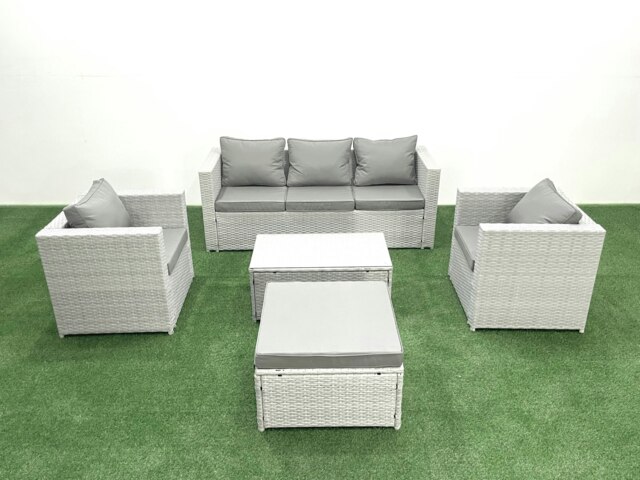 Rackhams Rattan Garden Furniture Set with 3 Seater Sofa 2 Chair Rectangular Coffee Table Big Footstool Light Grey Mixed 6 Seater - image 1
