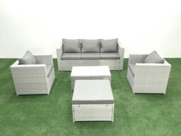 Rackhams Rattan Garden Furniture Set with 3 Seater Sofa 2 Chair Rectangular Coffee Table Big Footstool Light Grey Mixed 6 Seater - thumbnail 1