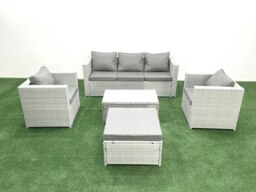 Rackhams Rattan Garden Furniture Set with 3 Seater Sofa 2 Chair Rectangular Coffee Table Big Footstool Light Grey Mixed 6 Seater - thumbnail 2