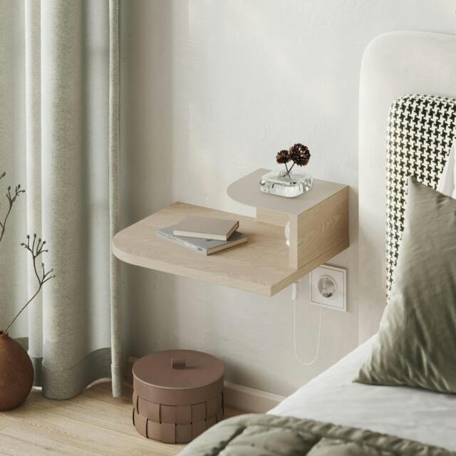 Rackhams Floating Bedside Table Modern Corner Design Nightstand 30cm Wall-mounted w/ LED Lamp in 3-tones for Bedroom - Sonomo Oak - image 1