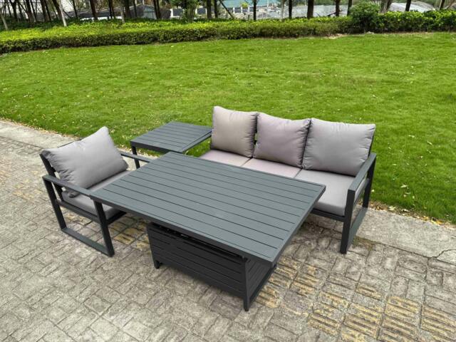Rackhams 4 Seater Aluminium Garden Furniture Set with Adjustable Rising Dining Table, Side Table - Dark Grey - image 1