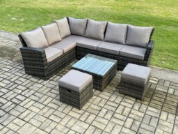 Rackhams 8 Seater Outdoor Furniture Garden Dining Set Rattan Corner Sofa Set with Square Coffee Table 2 Small Footstools Dark Grey Mixed